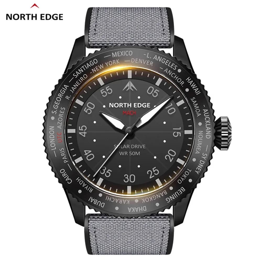 NORTH EDGE Watches for Men MACH 2024 New Desgin Solar Powered Watch Dual Time Zone Waterproof TPR Nylon Strap Pilot Mens Watch