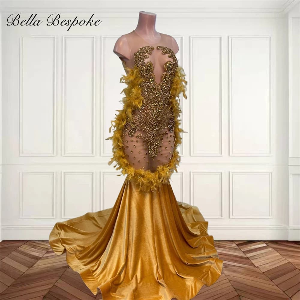 Gold O N Long Prom Dresses For Black Girl Bead Crystal Rhinestone 2025 Birthday Luxury Dress Feathers Graduation Gown Customized
