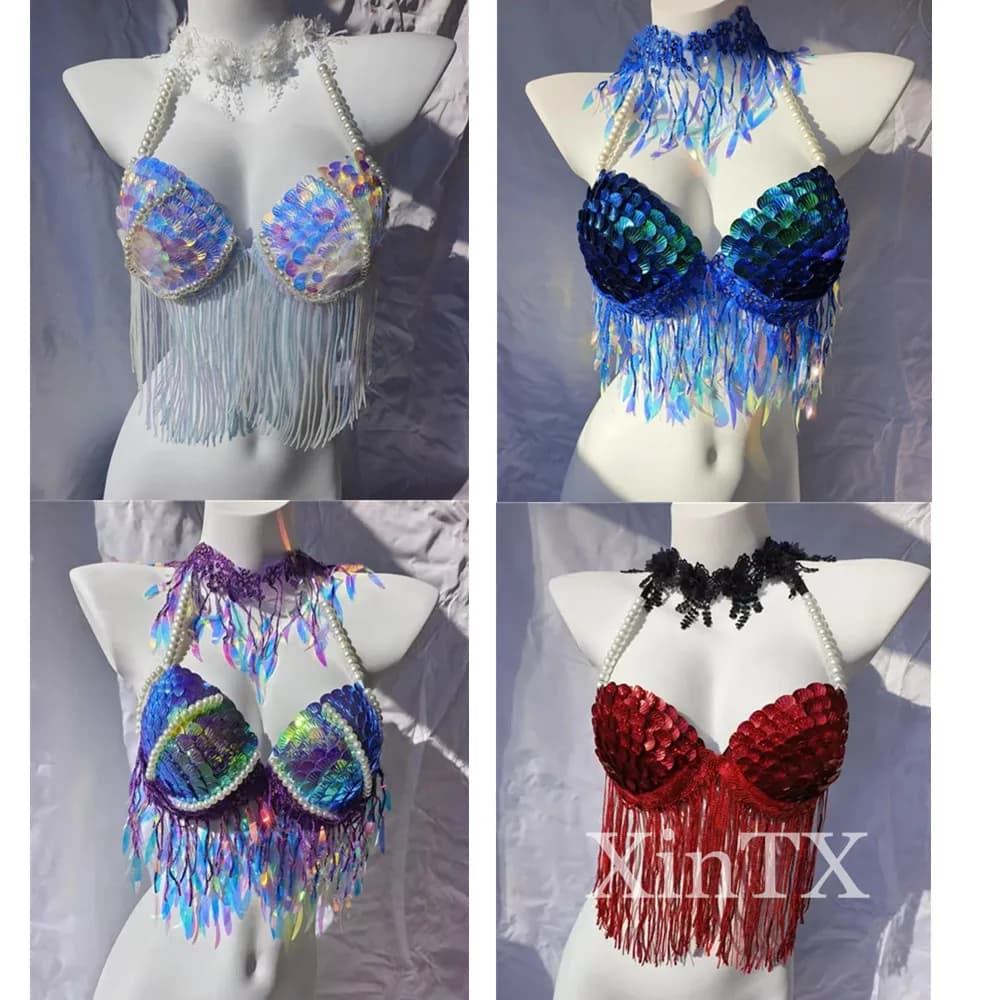 New Styles Handmade Sexy Bikini Mermaid Sequins Women Swimwear Aquarium Swimsuit Nightclub Dancing Bar Girl's Bra Shiny Bikini