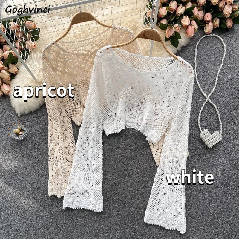 Blouses Women Retro Hollow Out All-match Sweet See-through Leisure Summer Sun-proof Korean Style Female Slim Crop Bohemian Ins
