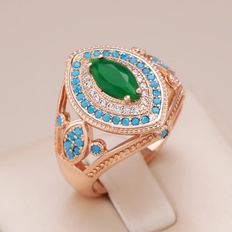 Kinel Hot 585 Rose Gold Color Rhombus Big Ring for Women Fashion Green With Blue Natural Zircon Wedding Daily Vintage Jewelry