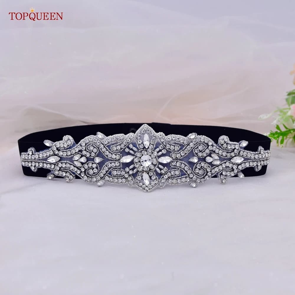 TOPQUEEN S26-B Wedding Dress Elastic Belts Silver Rhinestone Bridesmaids Sash Women Accessories Wide Party Prom Gown Applique