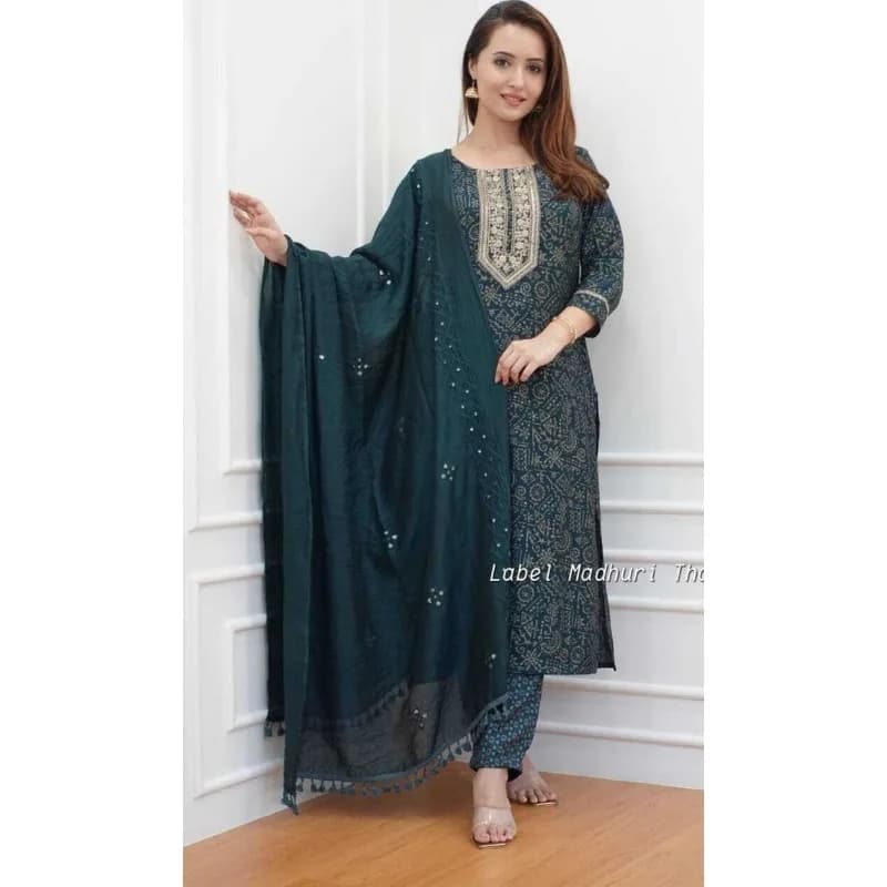 Complete Stitched Navy Blue Rayon Fabric Embroidery Work Straight Salwar Suit.