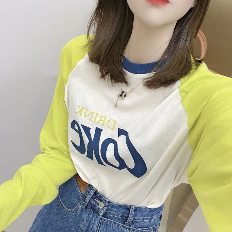 Korean Blocked Long Sleeved Sunscreen T-shirt Women Thin Design Summer Contrasting Color Round Neck Letter Printed Loose Tops