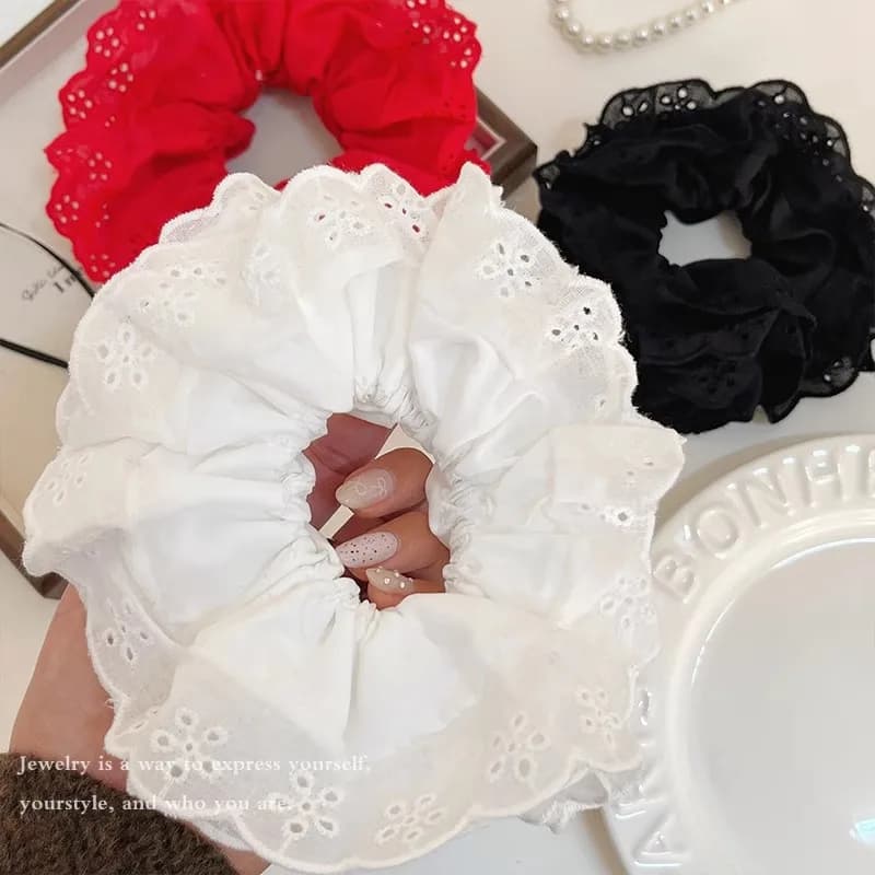 Elegant French Lace Hollow Wide Scrunchie Hair Band For Women Girls Sweet Hair Ornament Rubber Band Fashion Hair Accessories