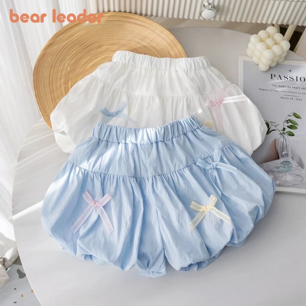Bear Leader Summer Solid Color Girls Clothes Bow Decorative Shorts Korean Version Casual Folded Children's Clothing 3-7 Years