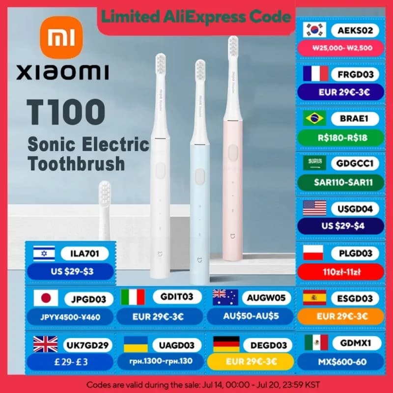 XIAOMI MIJIA Sonic Electric Toothbrush T100,battery life 30 day,16500RPM Vibration,USB Rechargeable IPX7 Waterproof Toothbrushes