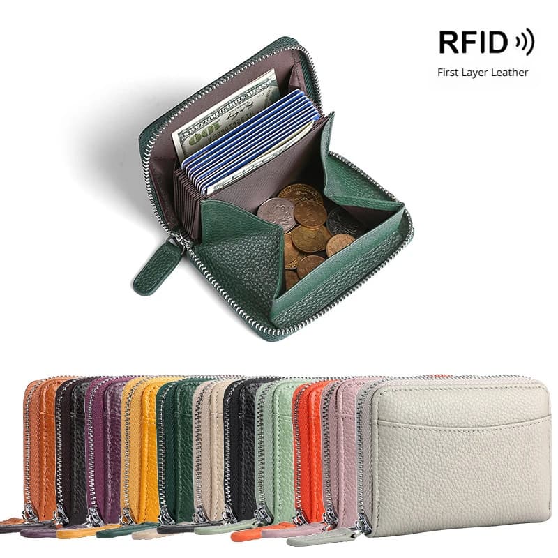 Genuine Leather RFID Short Wallet Portable Card Holder Pouch Purse Bag Cowhide Student Small Money Clutch Case For Men Women