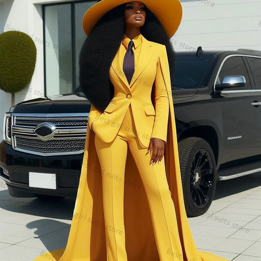 Yellow Cape Women Suit Pants Set 2 Piece Wrap Blazer+Trousers Cotton Formal Office Lady Jacket Wedding Tuxedo Customized