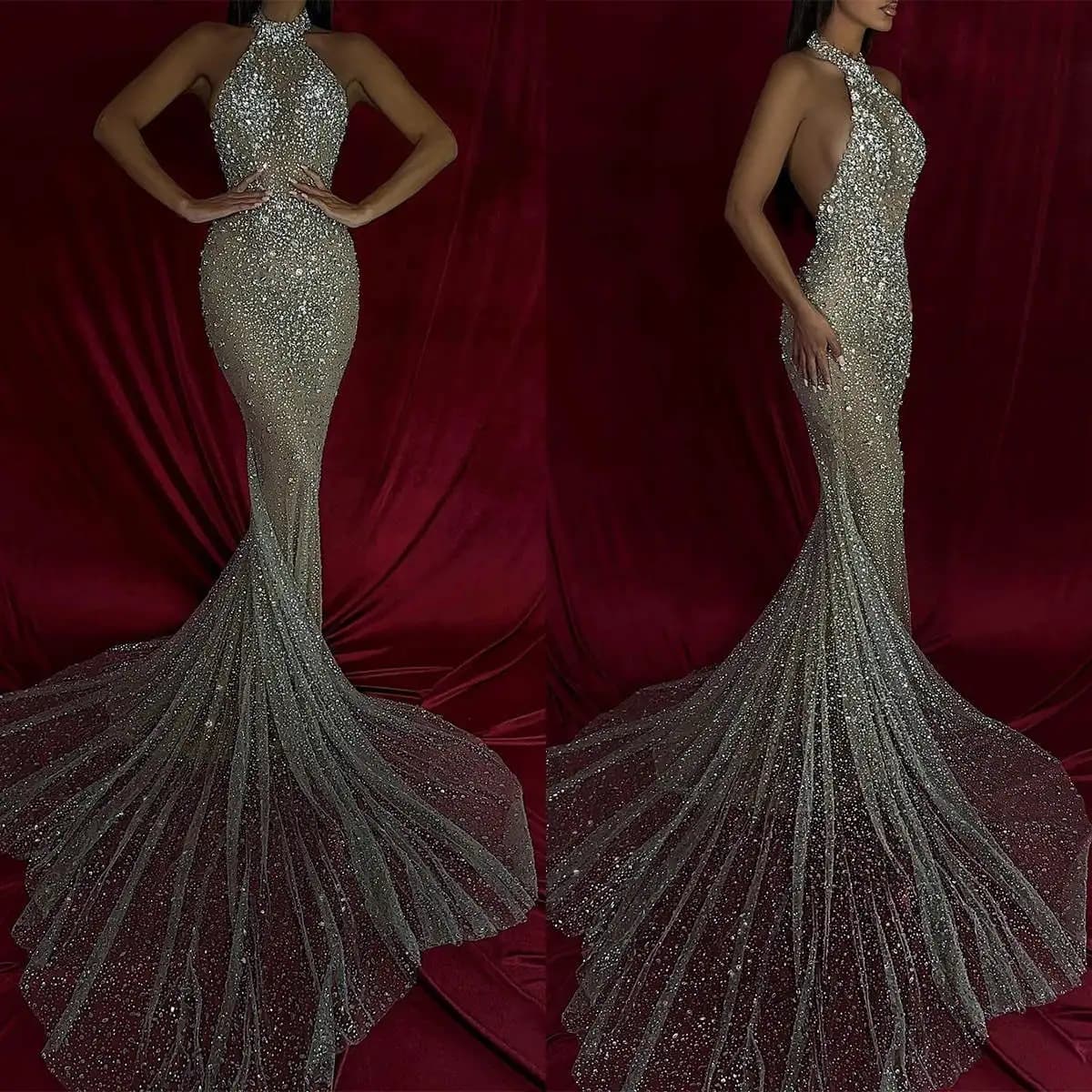 Luxury Wedding Dresses Mermaid Halter Sequins Rhinestones Crystals Floor-Length Princess Bride Wedding Dress Custom Made