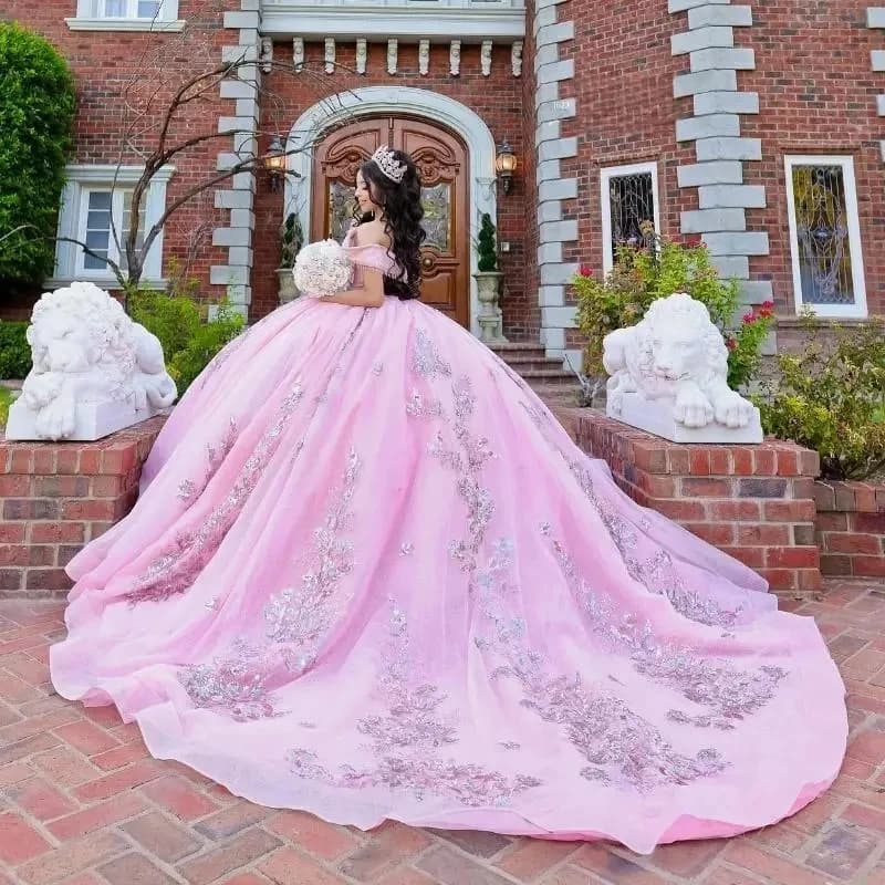Pink Shiny Princess Quinceanera Dresses Glitter Off Shoulder Beaded Sequin Applique Lace Tull Sweet 16 Dress Vestido de 15 años