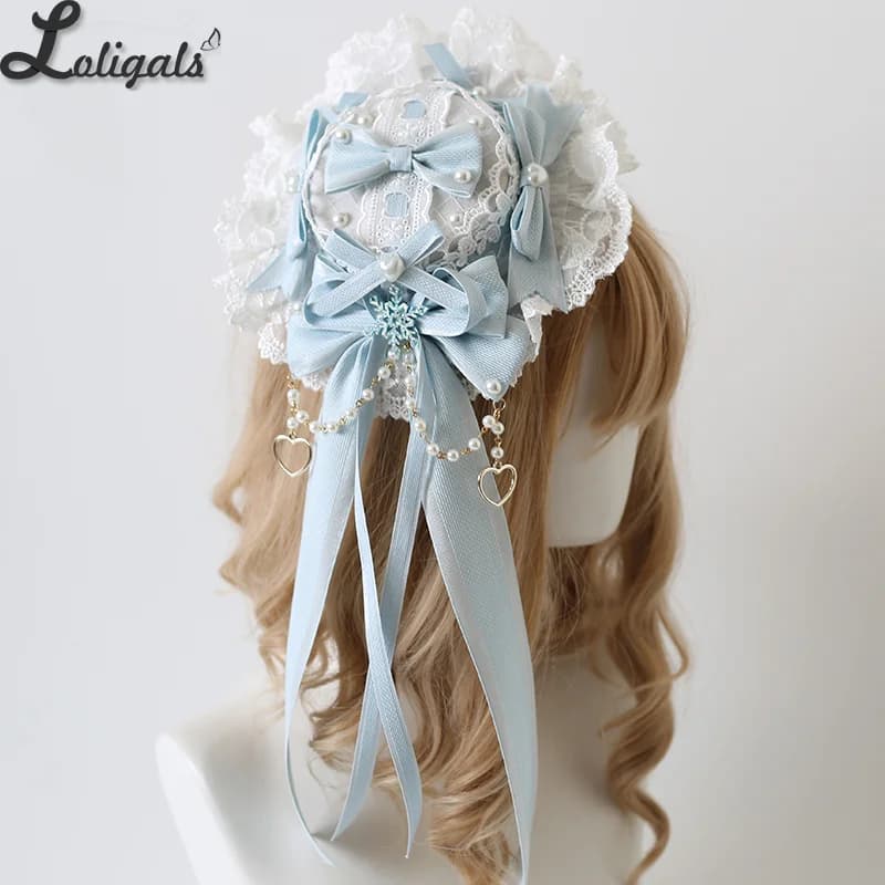 Light Blue Mini Top Hat Christmas Princess Lace Bow Lolita Hat for Cosplay Women Hair Clip