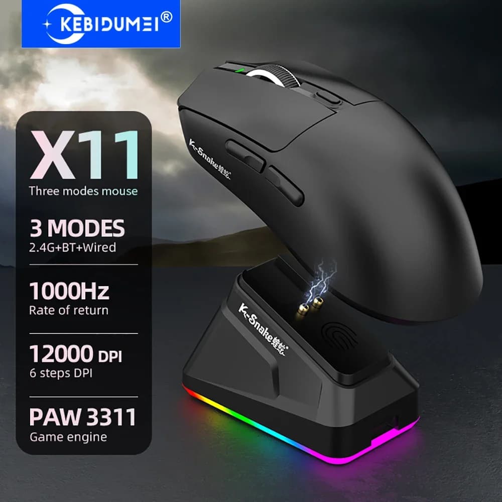 X11 PAW3311 Tri-Mode Wireless Mouse Bluetooth Mouse 12000 DPI Gaming Mouse RGB Touch Magnetic Charging Base BT/2.4G/Wired Mice