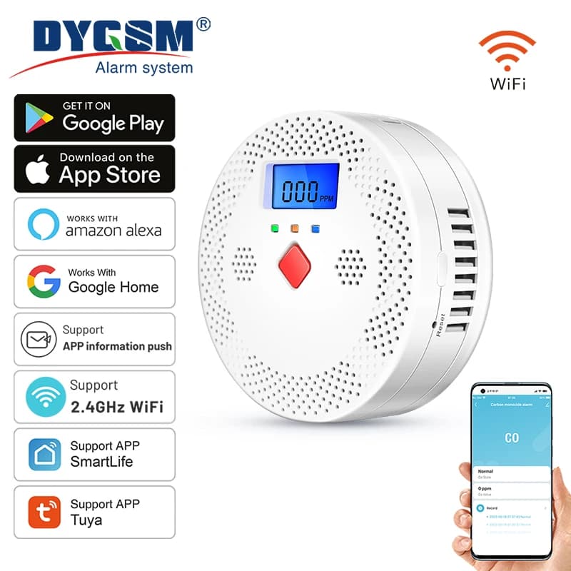 Tuya WiFi Smart Carbon Monoxide Detector Alarm 85dB Sound Warning LCD Digital Display Home Indoor CO Poisoning Siren