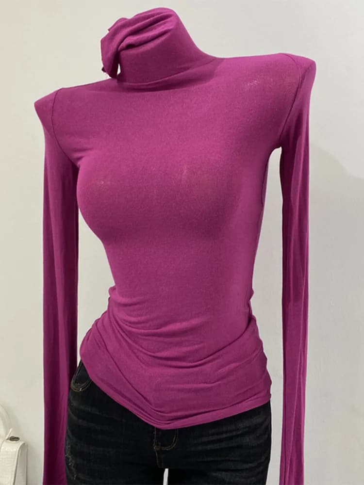 Thin Soft American Long Sleeve T-shirt High Stacked Neck Tight Perspective Bottom Shirt Women's Slim Fit Tops Sexy Streetwear