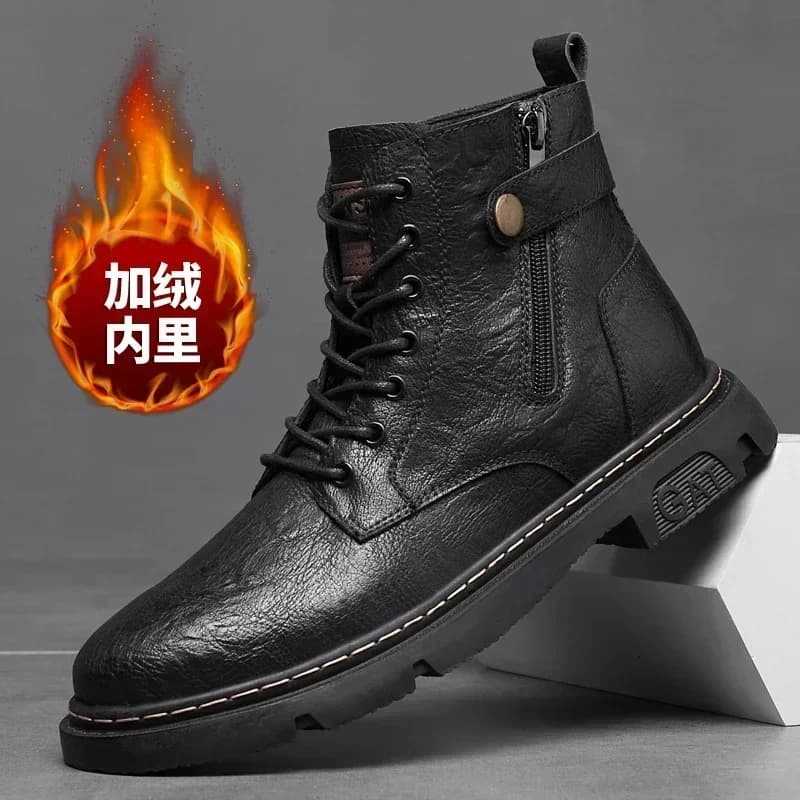 New Men's Genuine Leather Short Boots Fashion Zipper Mens Work Shoes Plus Velvet Warm Non-slip Wear-resistant Motorcycle Boot
