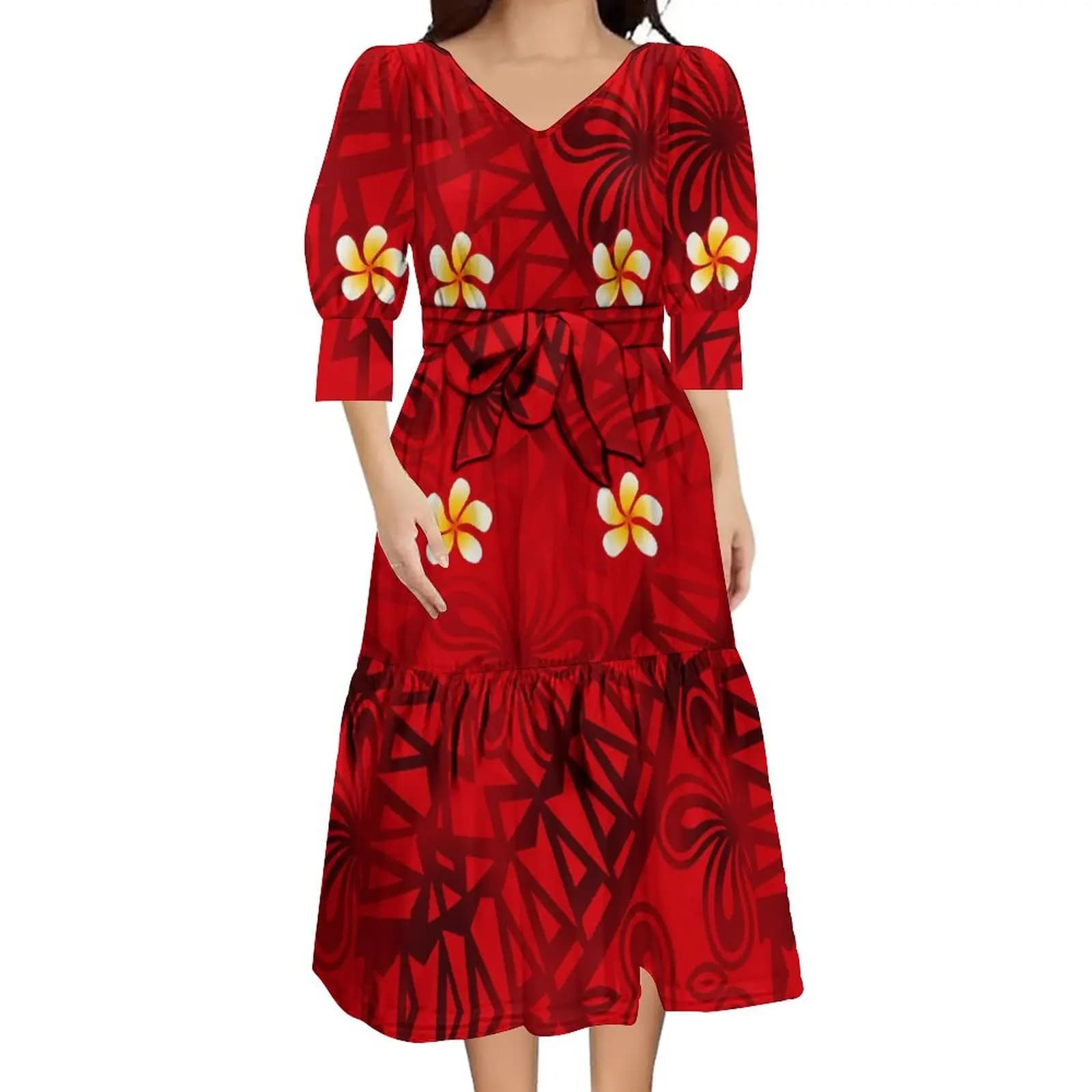 Support Your Design For Women V-Neck Dress Polynesian Tribal Print Midi Strap Mid-Sleeve Dress 6xl