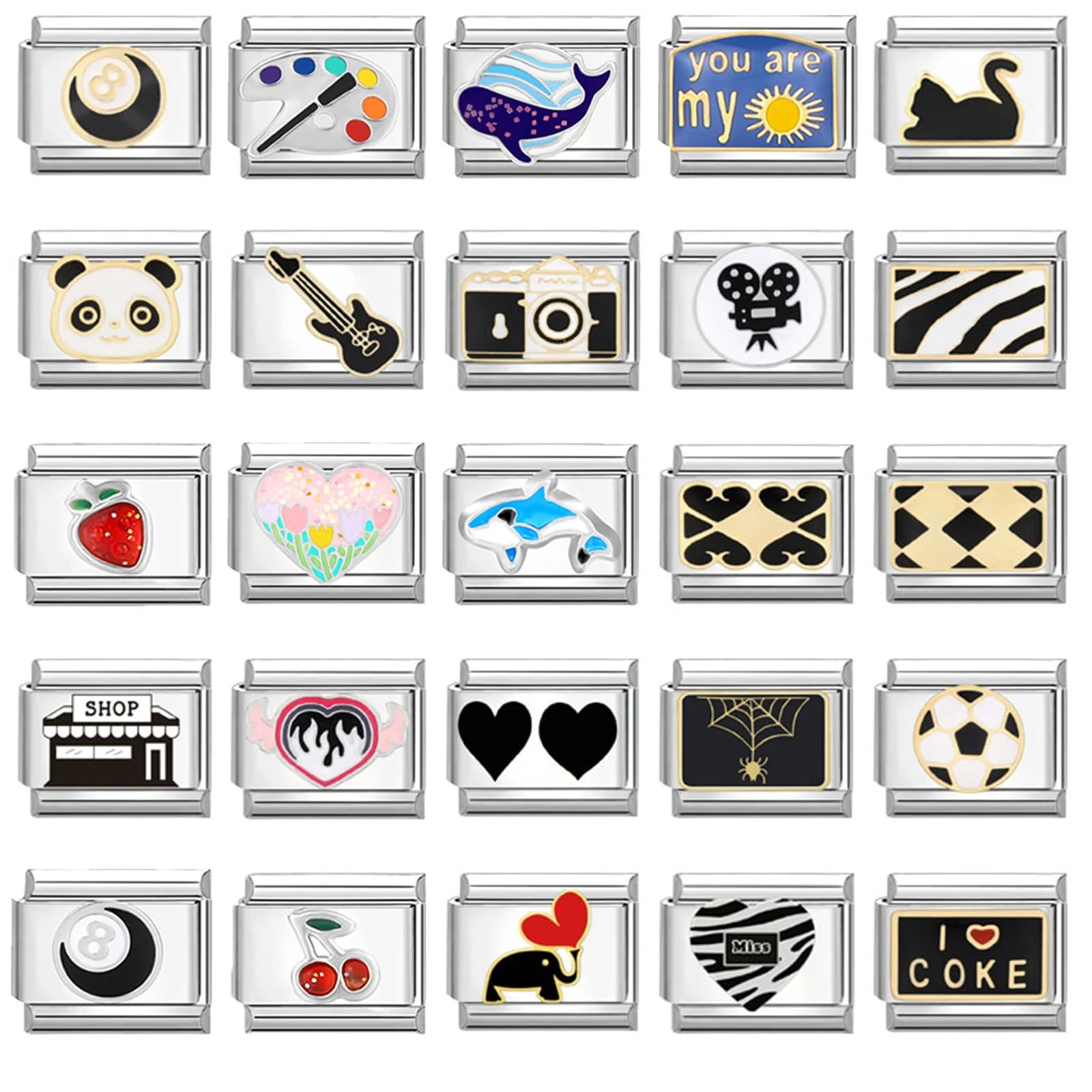 Fashion Charm Bracelet Checkerboard Panda Elephant Charm Italian Links Fit 9mm Bracelet Stainless Steel DIY Making Jewelry