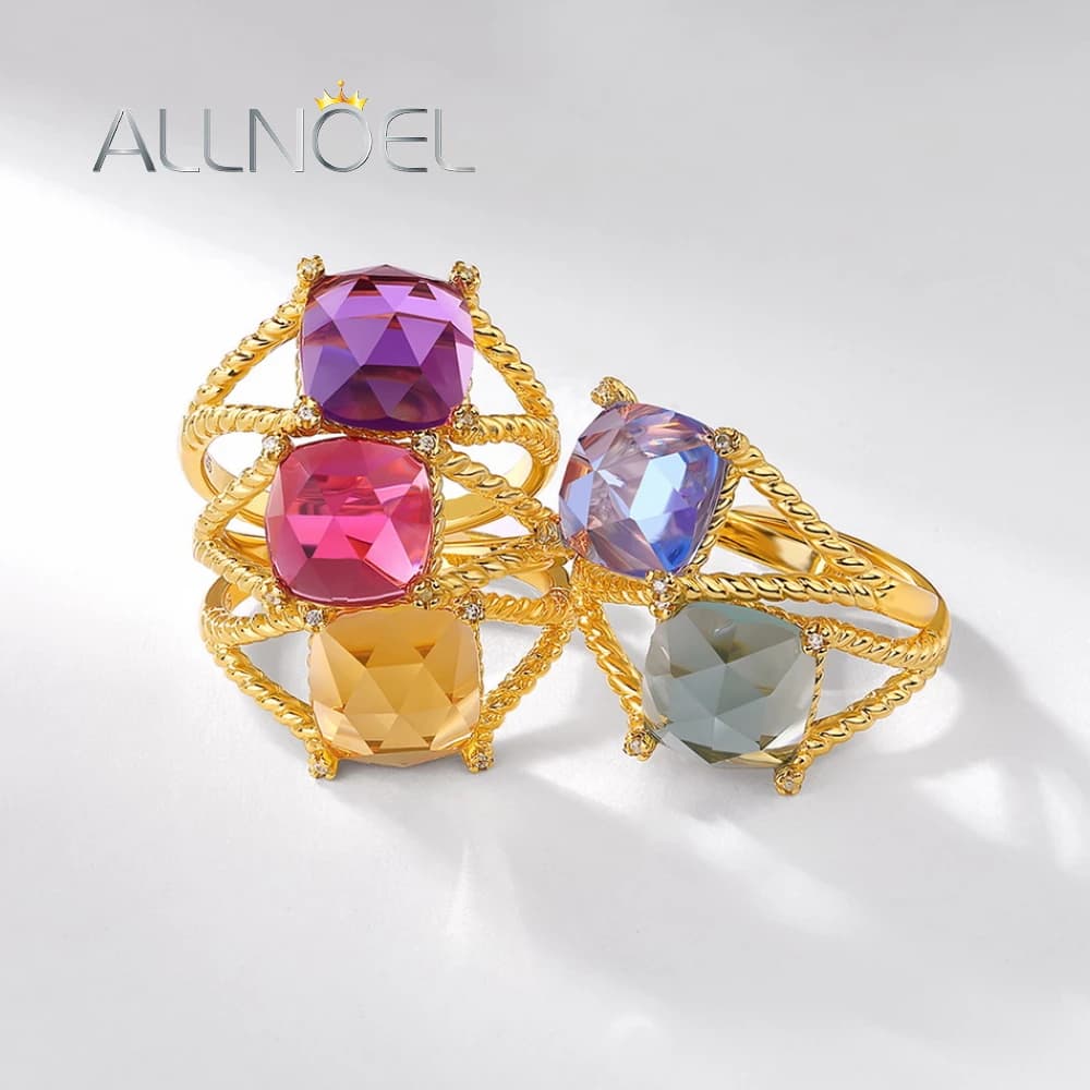 ALLNOEL 925 Sterling Silver Ring For Women Multicolored Synthetic 10mm Amethyst Crystal Gold Plated Classic Fine Jewelry Gifts