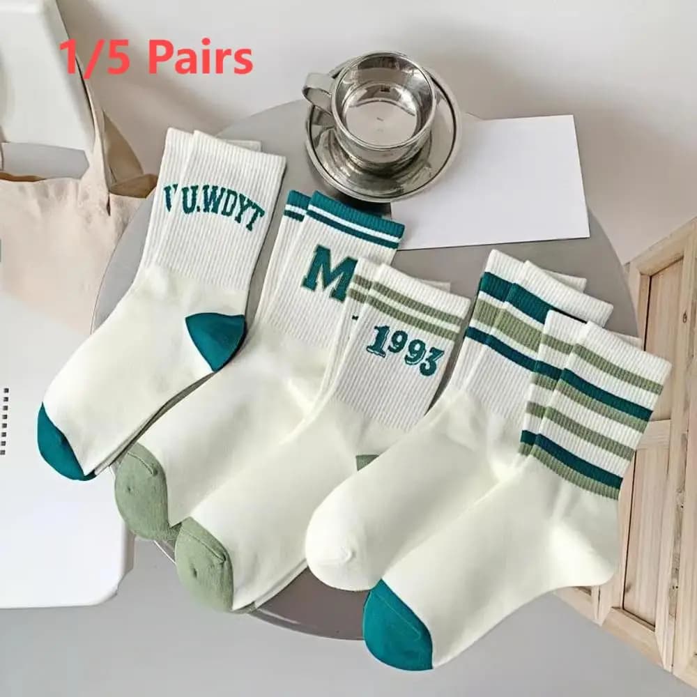 1/5/ pairs of women's mid length socks, fashionable letter sports socks, spring and summer new green striped socks
