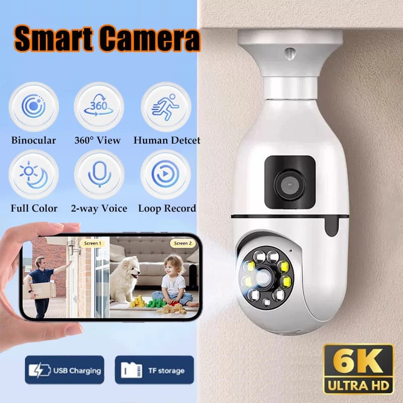 Dual Lens Camera Rotatable 6K 6MP WiFi Surveillance Auto Track 2-way Audio Full Color Vision Monitor Indoor Smart Webcam