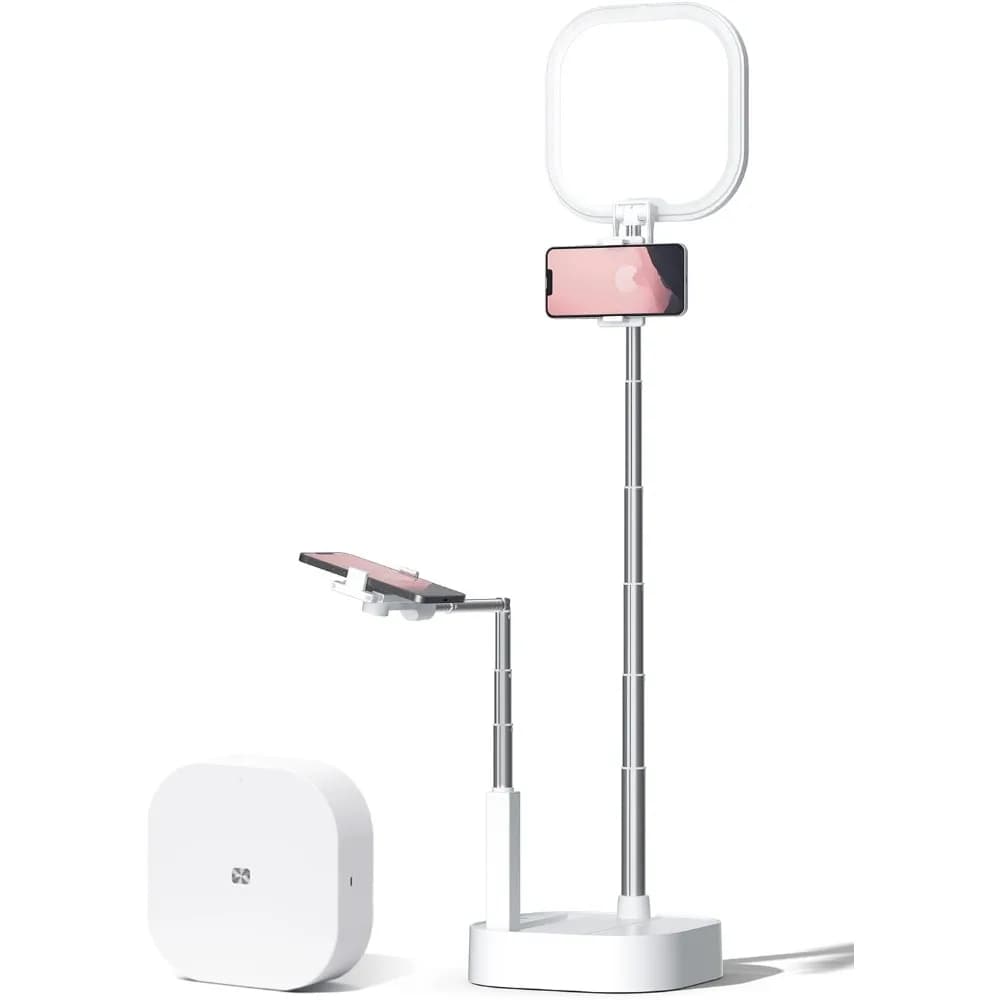 Viozon Extendable Selfie Stand,Height&Angle Adjustable,Overhead 360° Rotate,2 Phone Holders,Rechargeable Wireless Foldable 15 Br