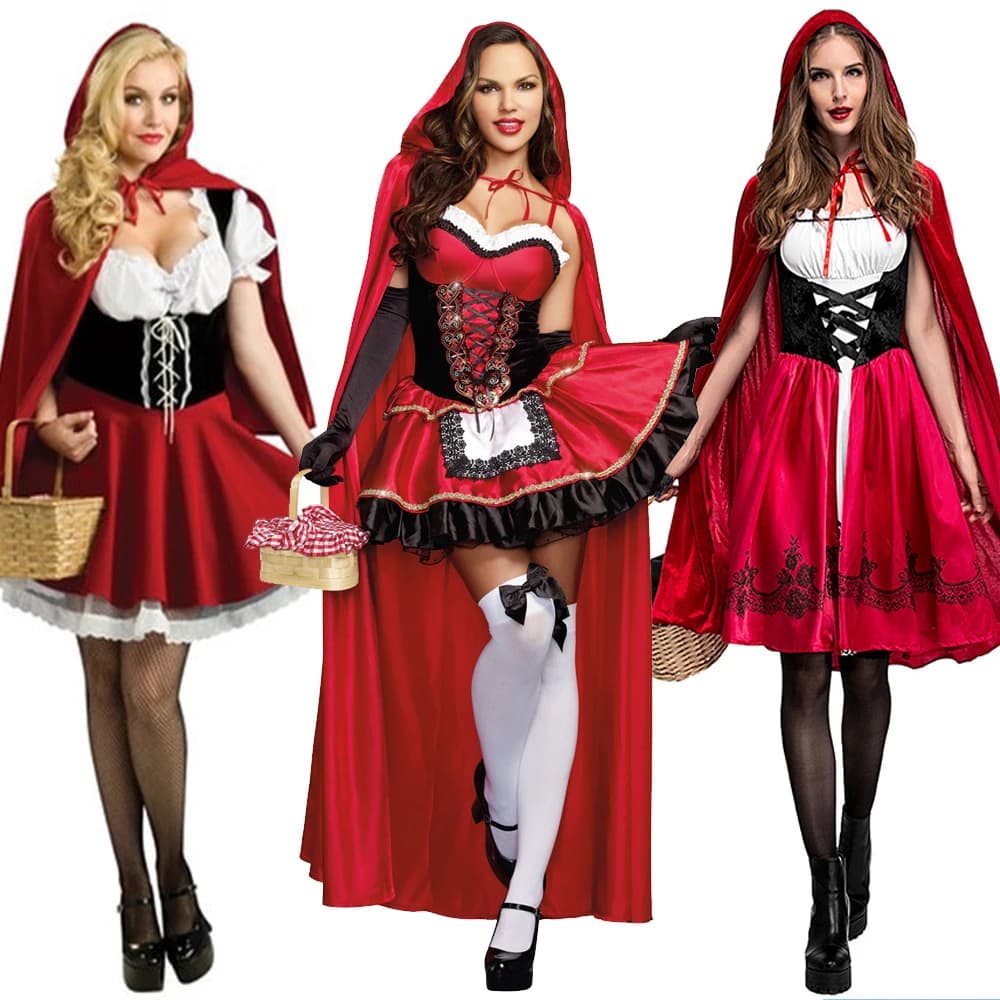 2018 Little Red Riding Hood Outfit Costume Adult Women Halloween Cosplay Fancy Dress Hen Party Dress Cape Set Outfit