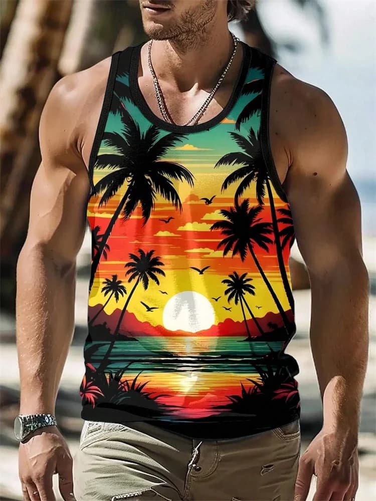 Summer Tank Top Men's Hawaii Beach Casual Clothing Quick Drying Silk Fit Sleeveless Shirt Mens Fashionable Body-Shaping Tank Top