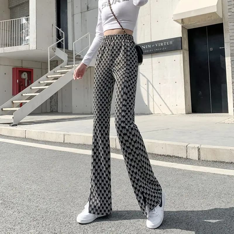 New Chess Thousand Bird Grid Open Leg Wide Leg Pants for Children Fashionable Vertical Floor Dragging Casual Micro Pull Up
