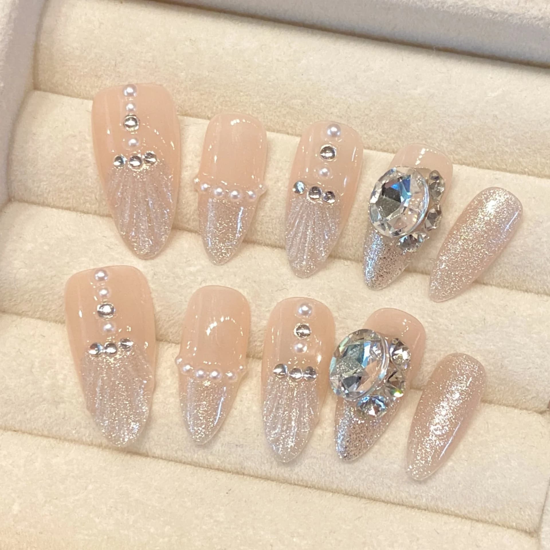 10pcs Gradient Cat Eye False Nails Handmade Almond French Style Press On Nail Glossy Rhinestone Decor Summer Nail Tips Manicure