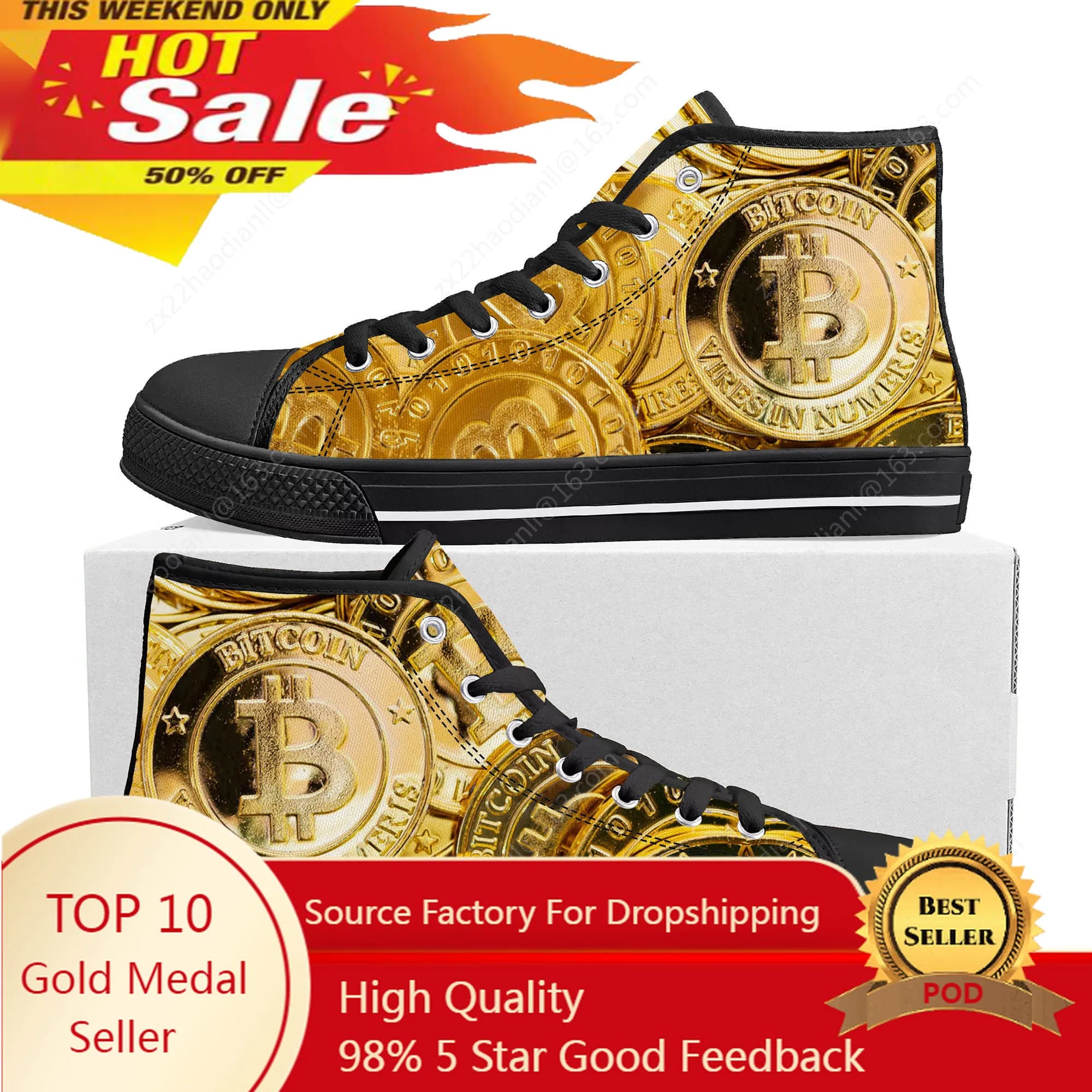 Hot Bitcoin Cryptocurrency Miner BTC Coin High Top Sneakers Mens Womens Teenager Canvas Sneaker Casual Couple Shoes Custom Shoe