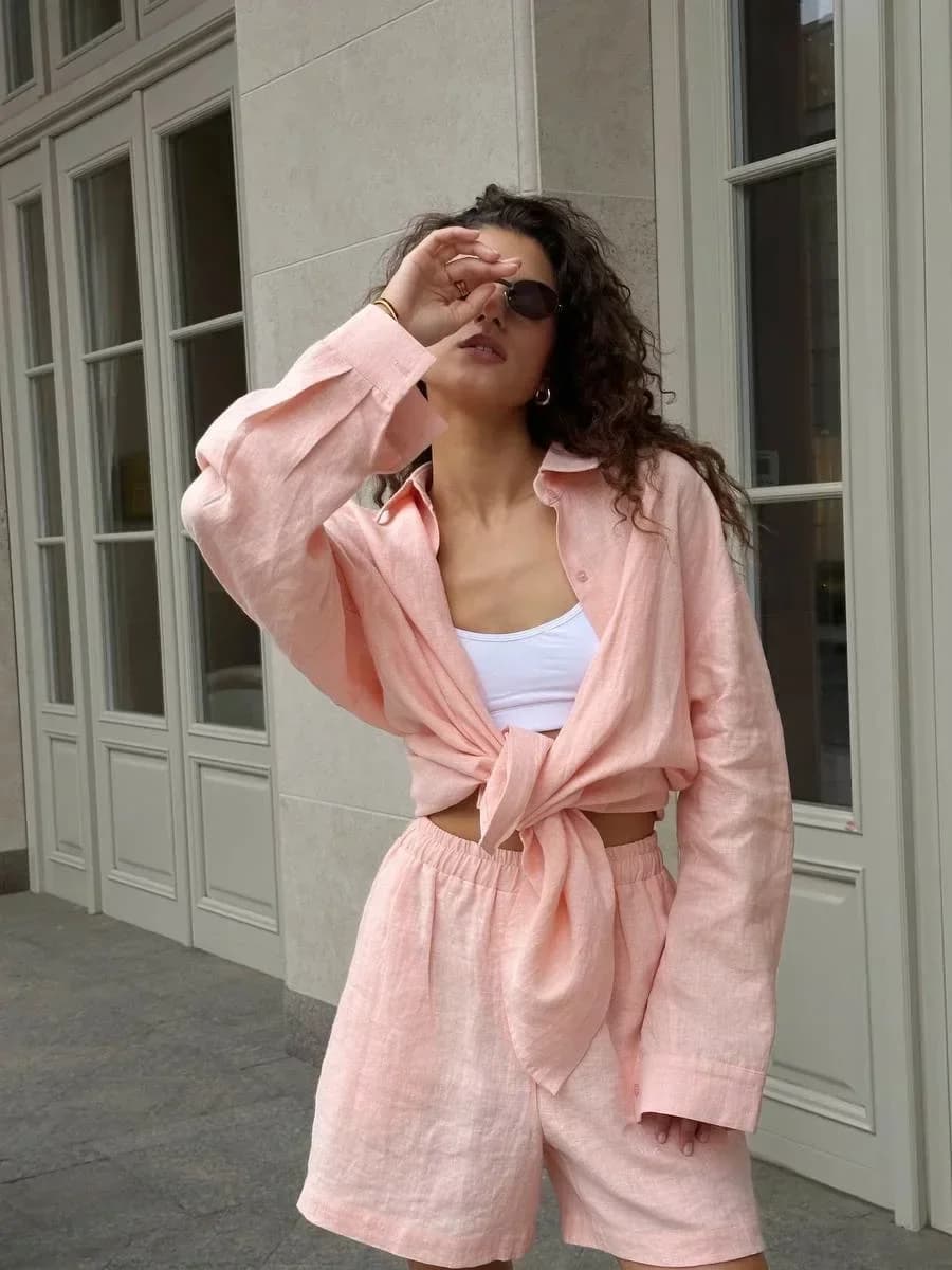 Bornladies Women's Cotton Casual Shorts Set Solid Color Lapel Long Sleeve Shirt Elastic Waist Shorts Outfit Daily Vacation Wear