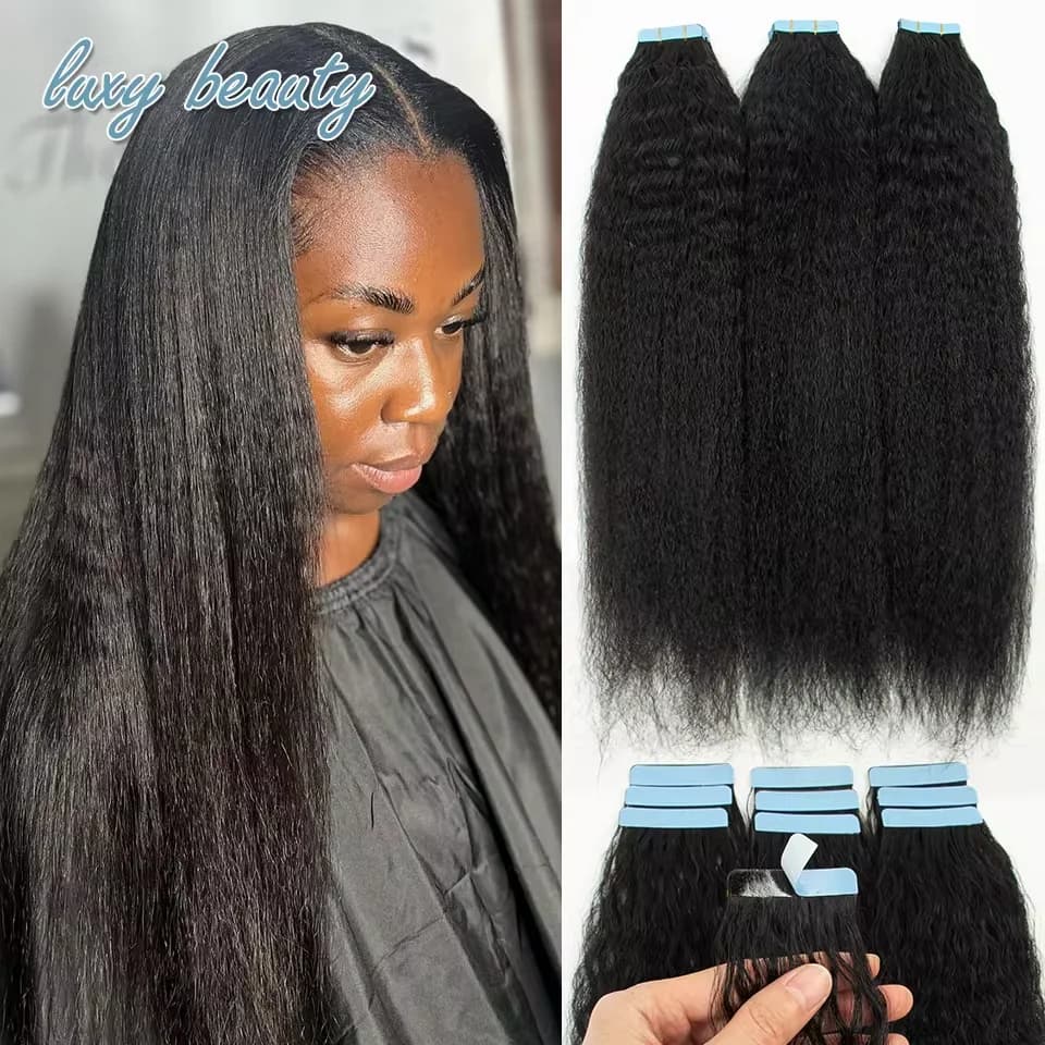 12"-24'' Kinky Straight Tape In Human Hair Extensions Brazilian Remy Hair Natural Black Adhesive Kinky Straight Tape Ins Hair