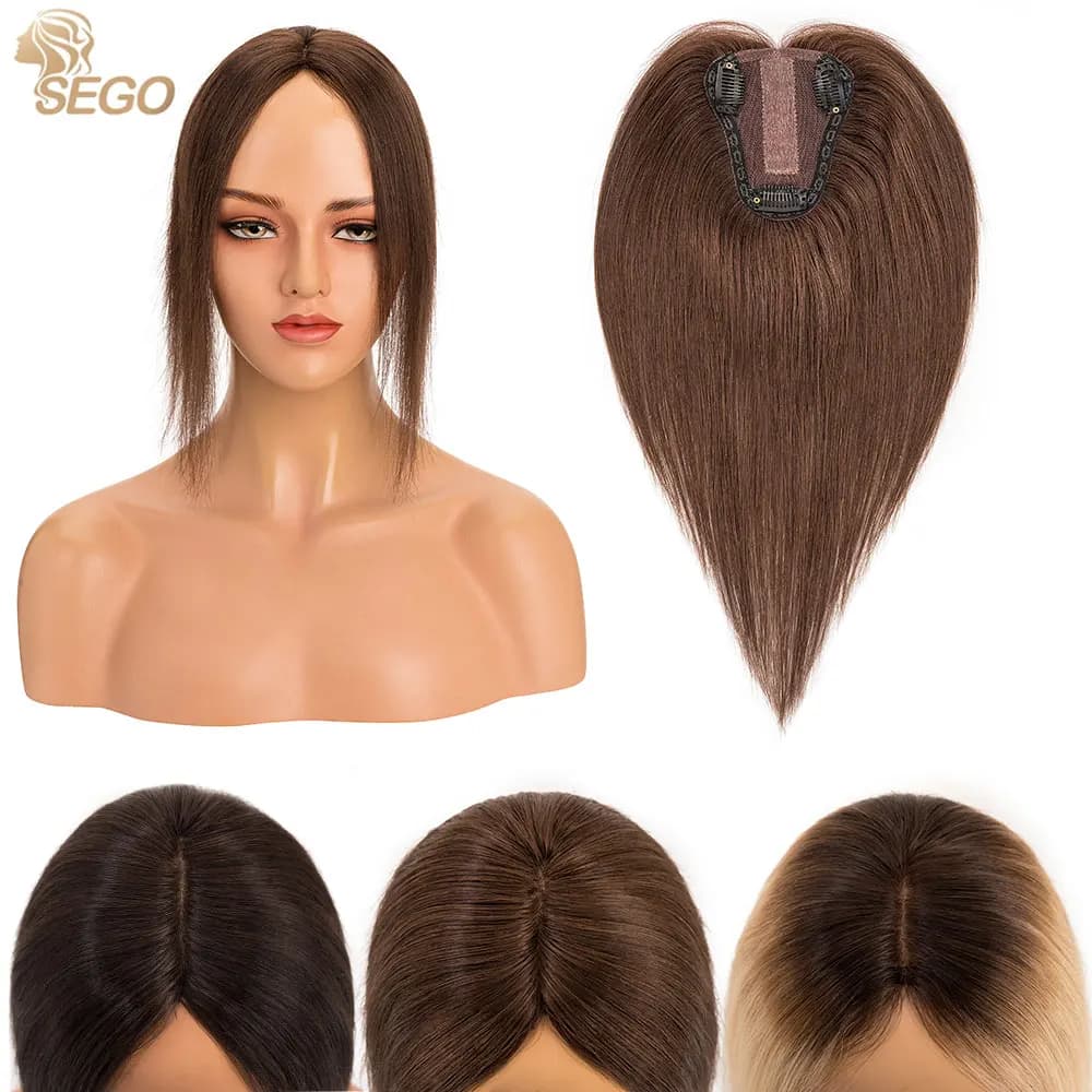 SEGO 8X10cm Human Hair Toppers For Women Hand Made Lace Base Straight Natural Hairpieces With 3 Clips For Thining Hair Loss