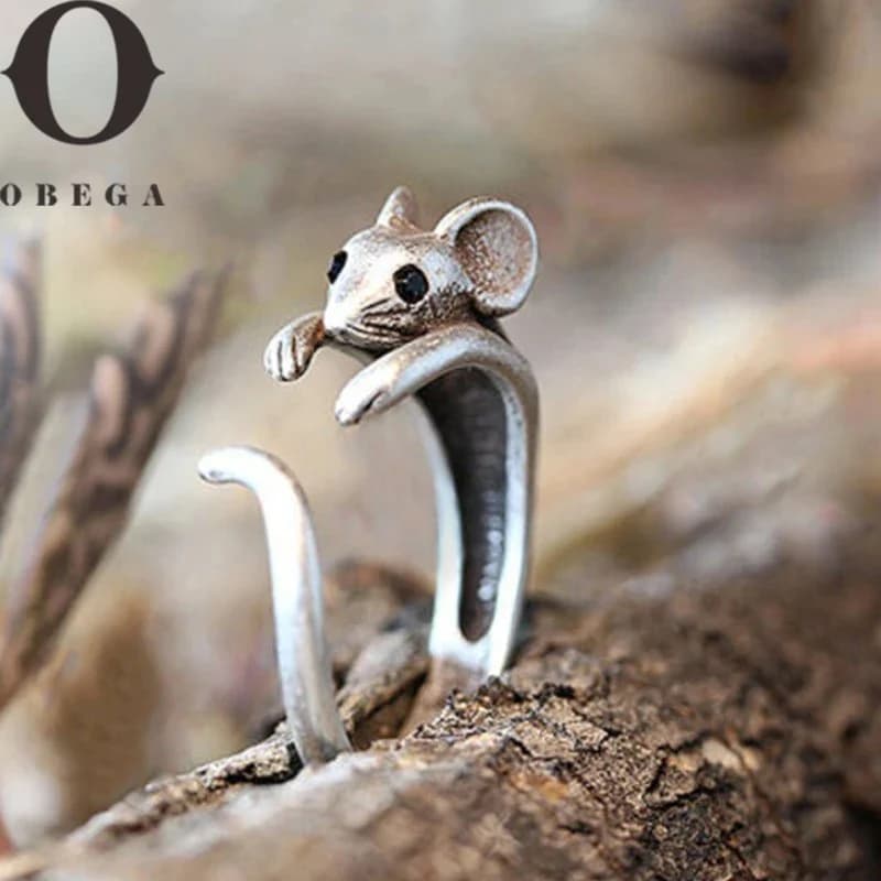 Obega Silver Ox Color Mouse Design Open Ring For Women Antique Silver Color Fashion Hiphop Party Jewelry Open Ring
