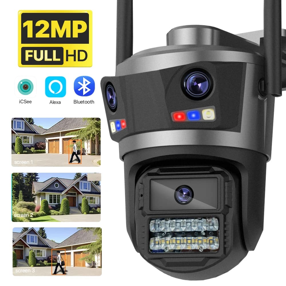 Three Lens 12MP HD Outdoor WIFI IP Camera 8MP/6MP Dual Screen PTZ Camera Ai Human Detection iCsee APP CCTV Video Security Cam