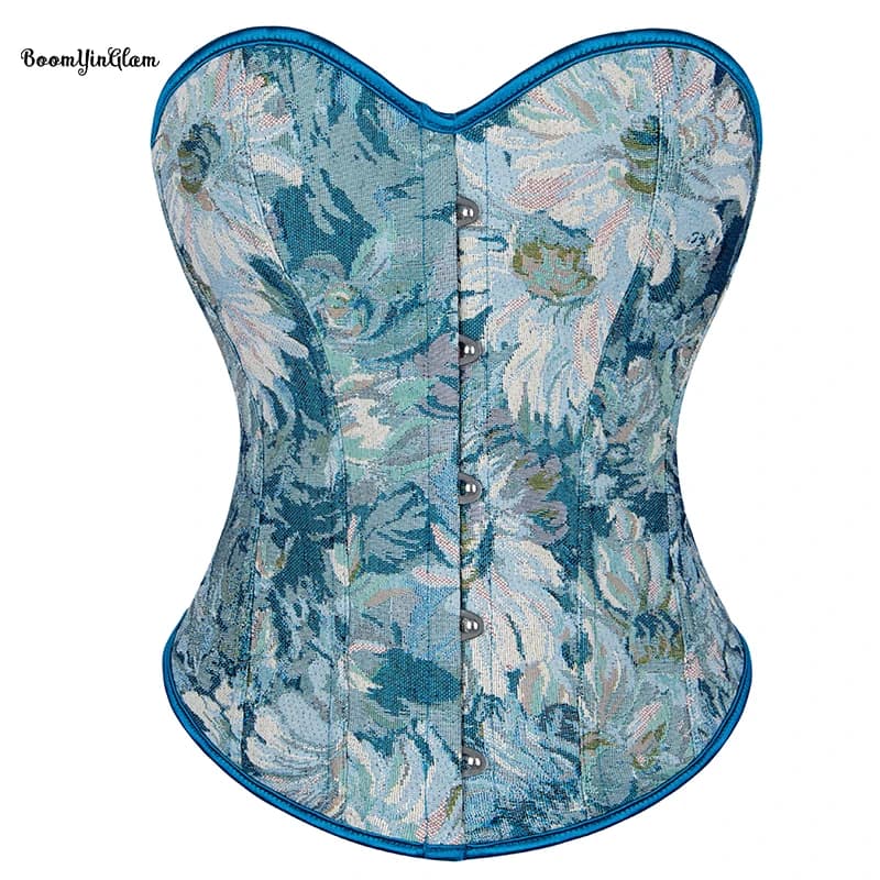 Blue Vintage Korset Women Overbust Top Plus Size S-6XL Renaissance Lace Trimmer Boned Floral Corselet