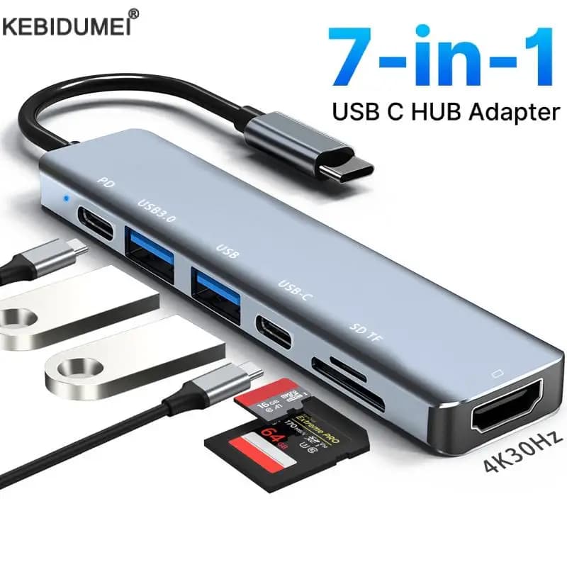 7 in 1 USB C HUB USB 3.0 HDMI 4K 60Hz Video USB2.0 SD TF Card Slot Reader Multi-Ports PD Charging for PC/Laptops/MacBook Pro