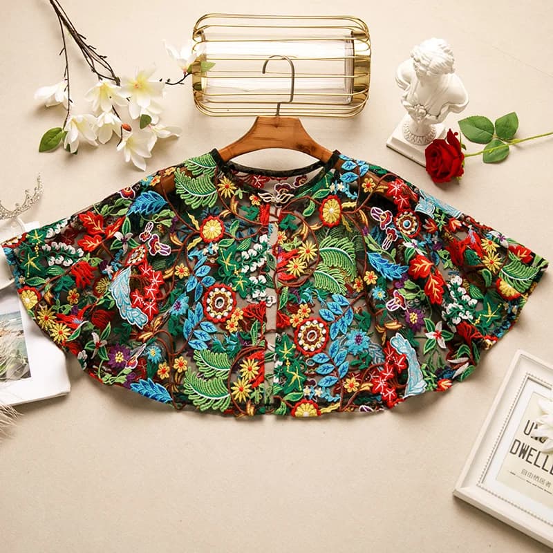 Women's Spring Summer Flower Embroidery Vintage Mesh Lace Pashmina Female Summer Sunscreen Mesh Shawl Cloak R940