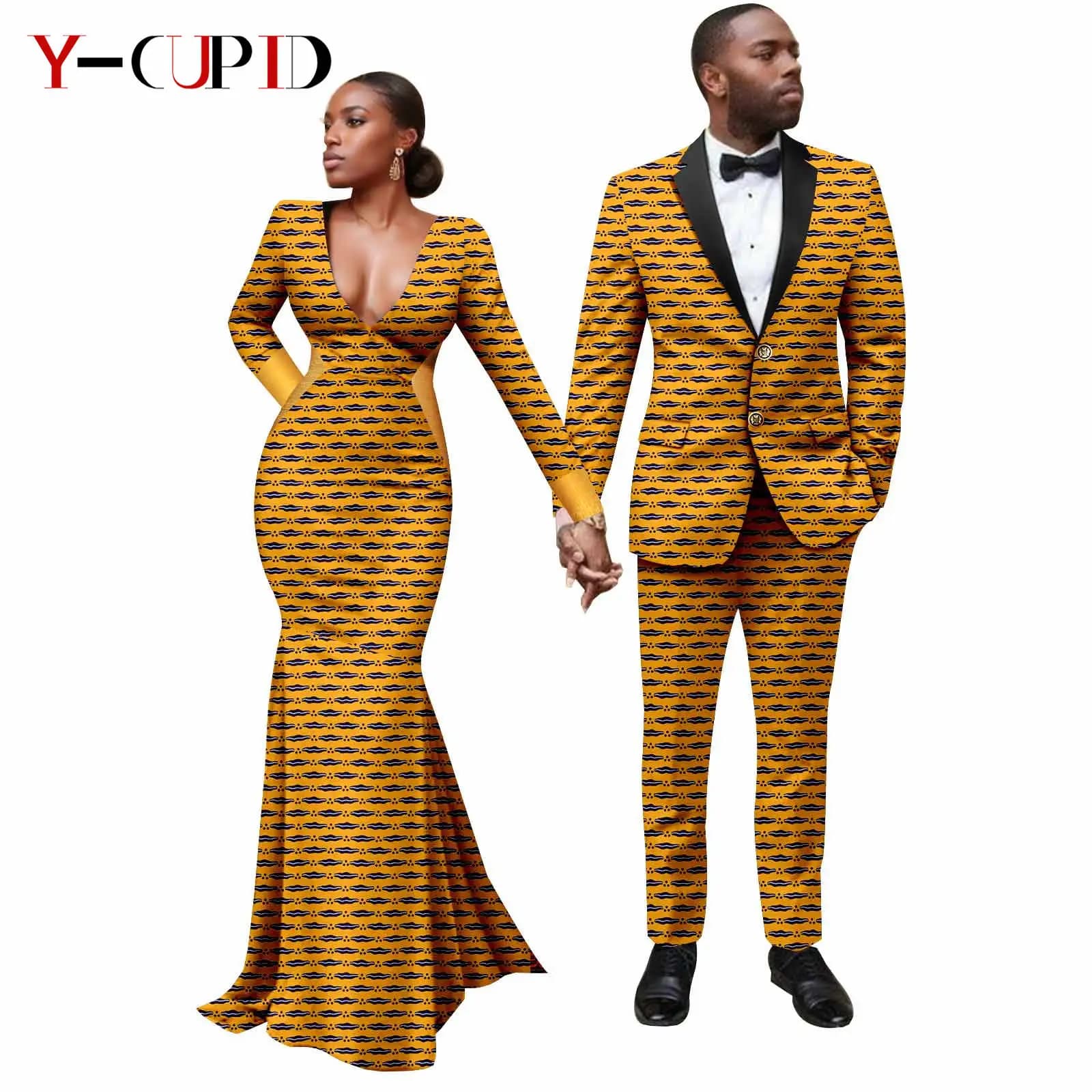 African Print Long Dresses for Women Matching Men Suits Outfits Blazer Jacket and Pant Sets Dashiki Party Couple Clothes 24C084