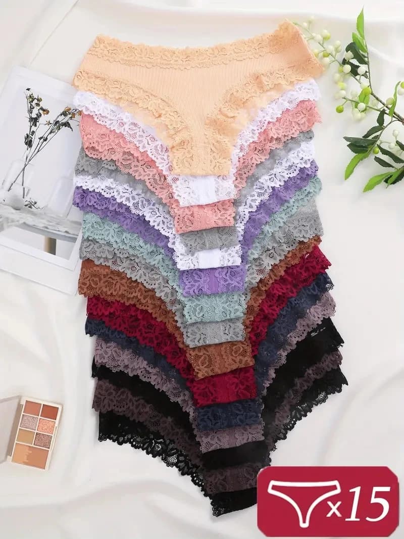 15Pcs Women Cotton Panties Sexy Lace Intimate Brazilian Underwear Solid Color Female Trendy Lace Briefs Female Soft Underpants