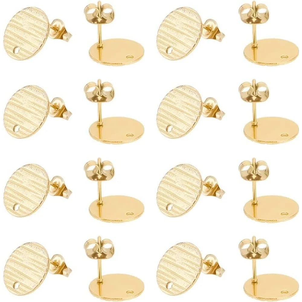 30pcs 0.8mm Pin Ion Plating 304 Stainless Steel Stud Earring Findings Golden Flat Round with Cross Grain Metal Ear Stud Posts
