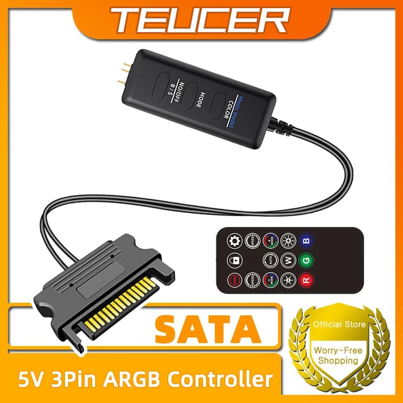 TEUCER LC-S50R ARGB Controller 5V 3PIN to SATA Interface Extension Cable Light Regulator with Remote Control For PC Case Fan