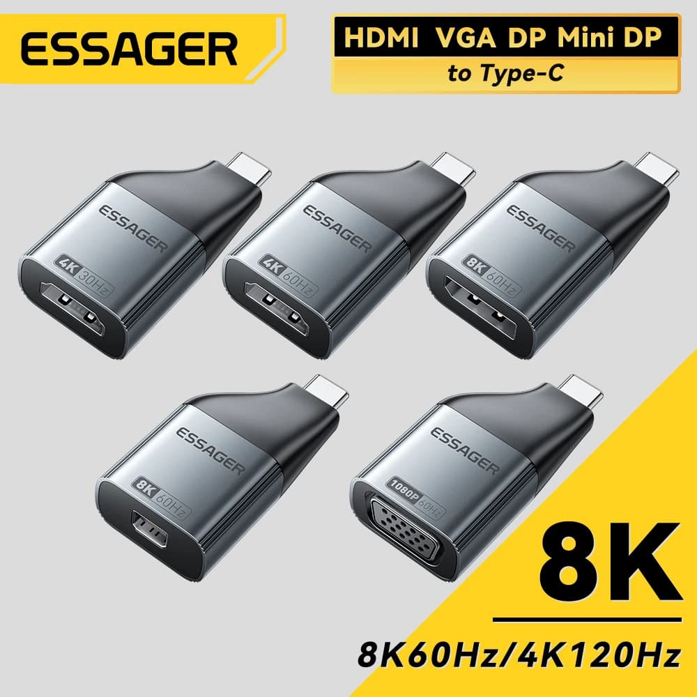 Essager USB Type-C to HDMI DP VGA Mini DP Adapter4K@120Hz 8K@60Hz HD Video Transmission Converter for MacBook TV Box PC Laptop