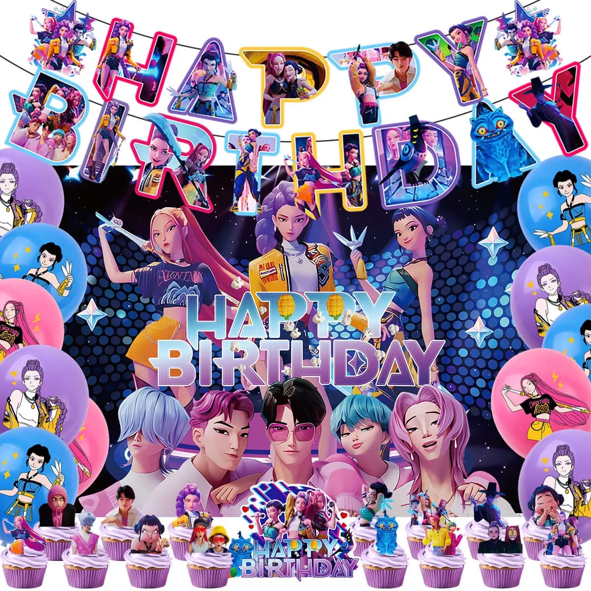 KPop Demon Hunters Theme Birthday Party Banner Balloon Cute Rumi Mira Zoey Birthday Balloons Cake Topper Backdrop Deco Party Toy