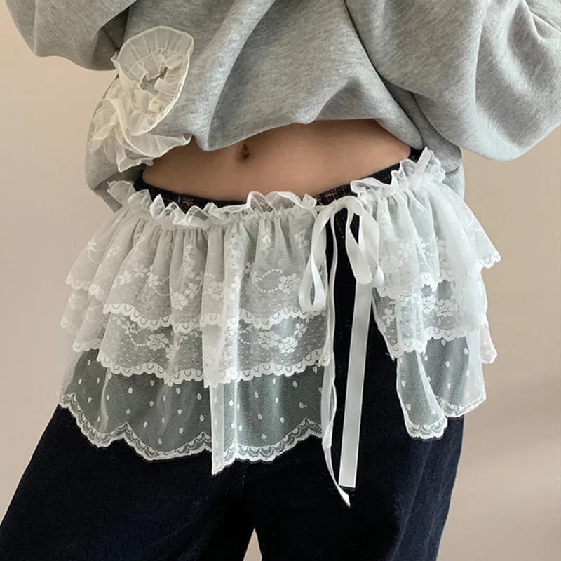 Korean Fashion Lace Irregular Skirt Curtain White Flowers Lace Mesh Halfbody Skirt Women Summer Bottoms Jeans Decorative Hemline