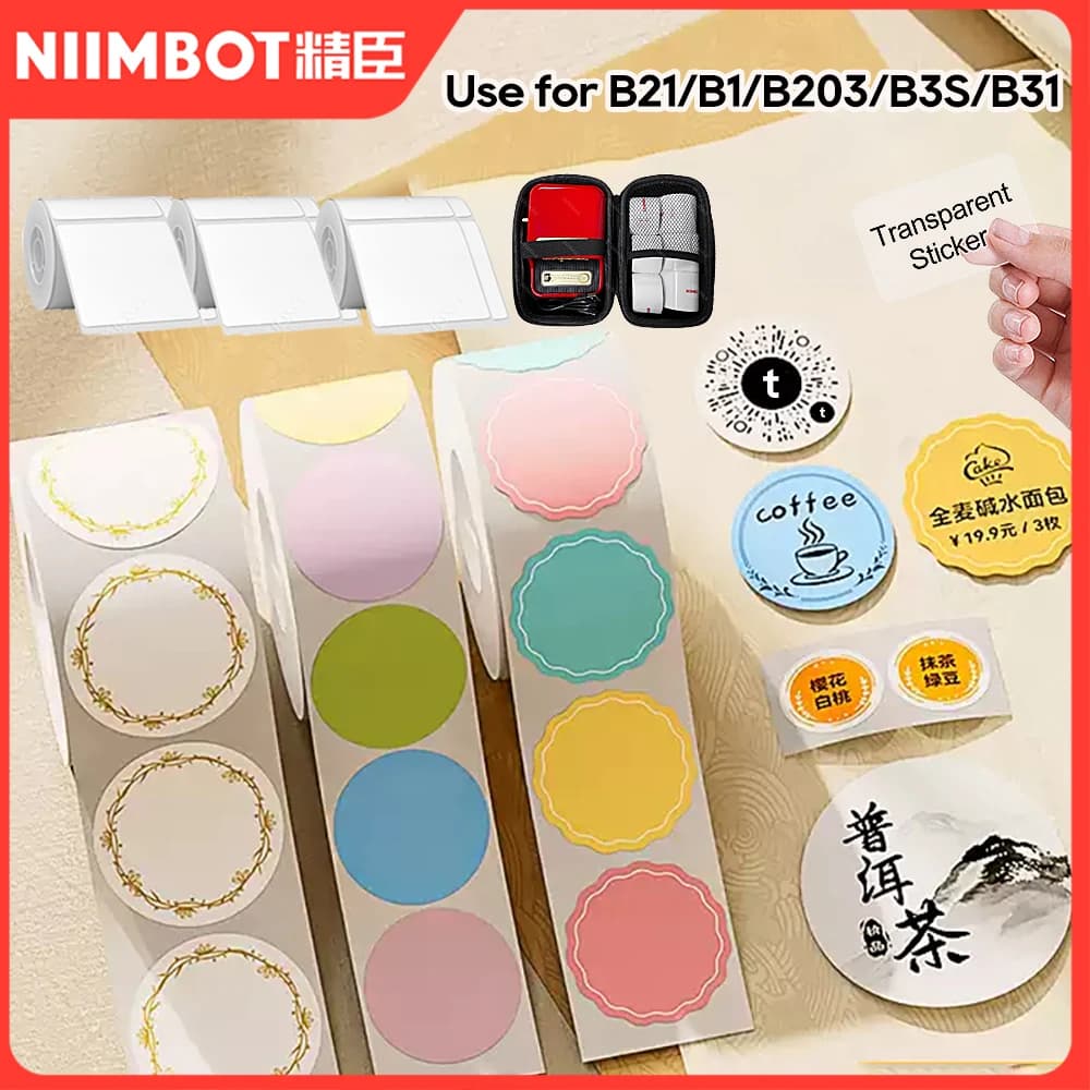 NiiMBOT B21 B1 Round Sticker Label Transparent White Adhesive Waterproof Thermal Paper For B31 B3S Mini Portable Label Maker