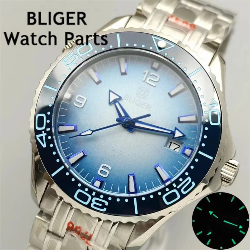 BLIGER 41mm round men's watch diving watch automatic mechanical stainless steel NH35 movement Green Luminous 10ATM waterproof