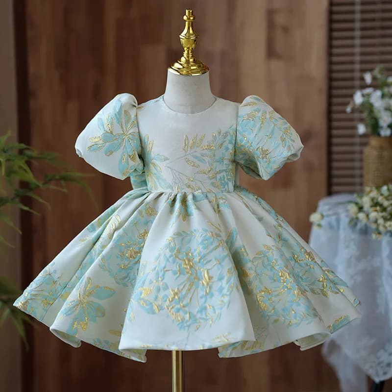 Customized Simple Elegant O-neck Puff Sleeve Flower Girls Dresses Stain Flower Print Pleated Princess Robe 2025 Summer Kid Birth