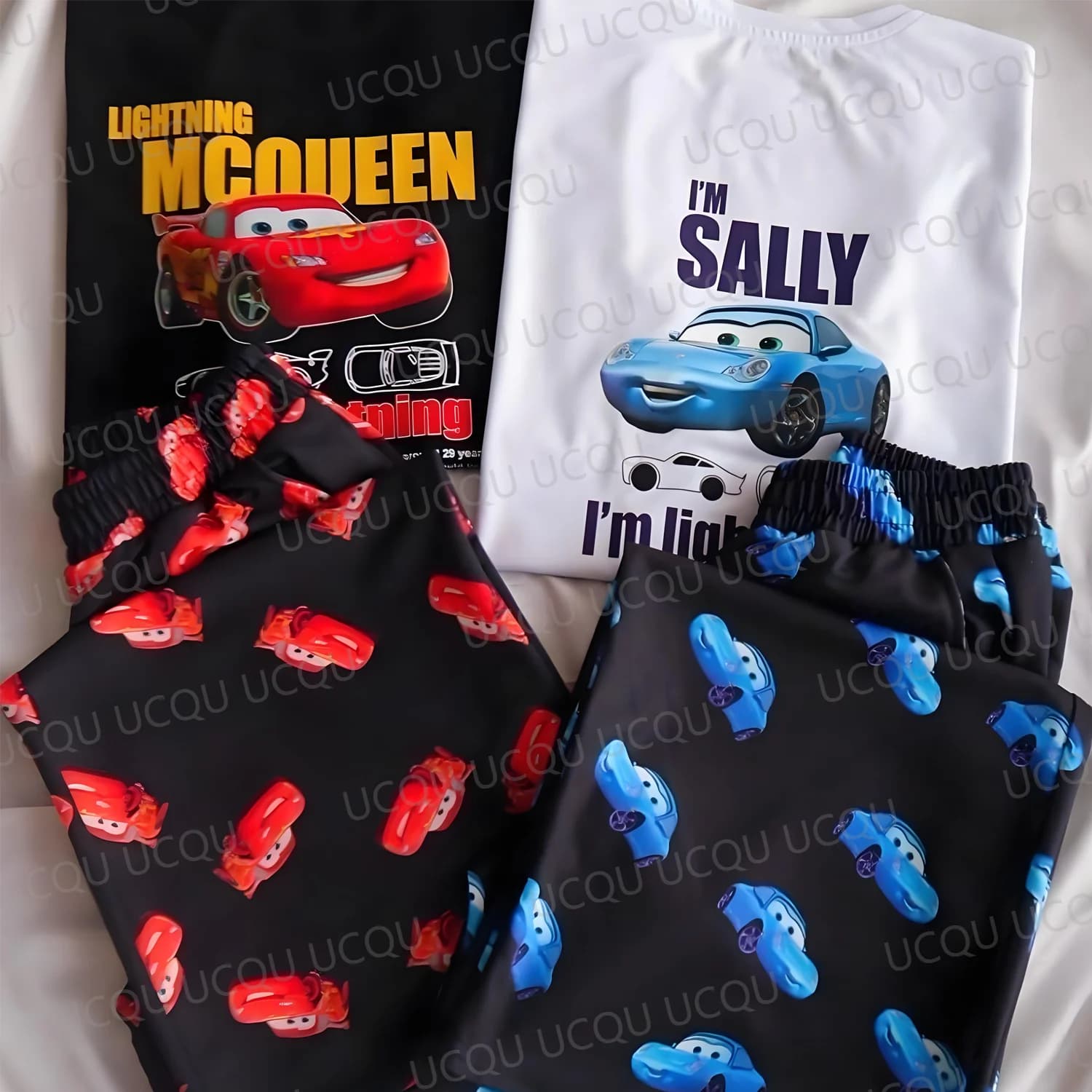 2025 Lightning McQueen & Sally Couple Loungewear Set Oversized Summer Cotton T-Shirt with Pajama Pants for Adults/Kids Home Outf